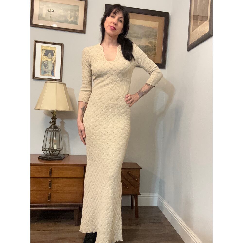 Alexander McQueen long ribbed leaf knit gown cream dress 2014 designer fitted